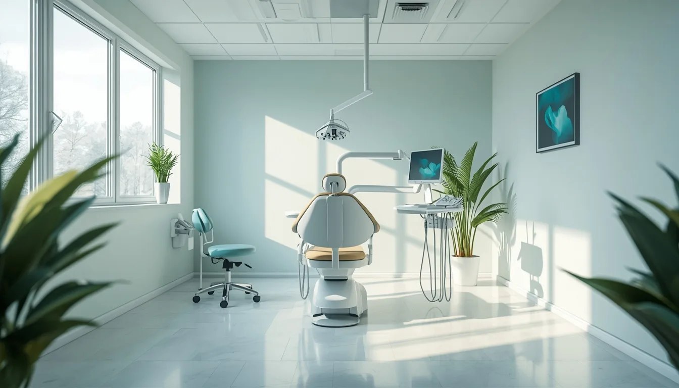 Bright, modern dental treatment room with a clean chair, equipment and plants by a sunlit window