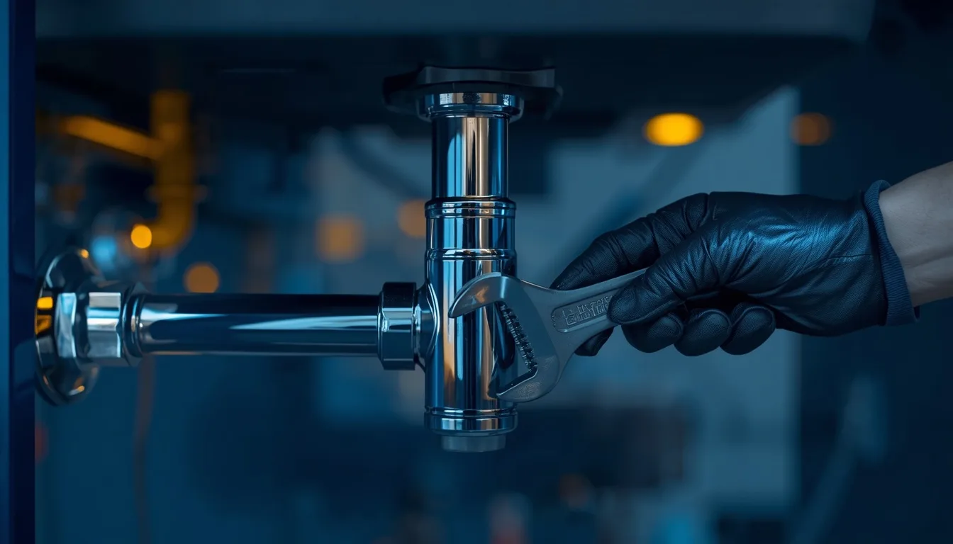 Spotless newly-fitted chrome pipework being tightened by a gloved hand with an adjustable wrench