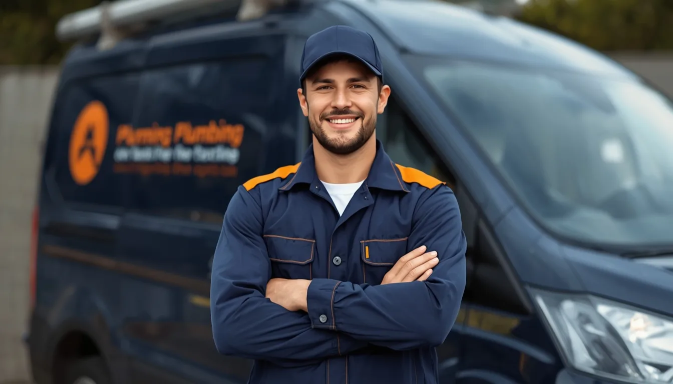 Friendly licensed PipePro plumber in a navy uniform standing with arms crossed in front of a branded service van
