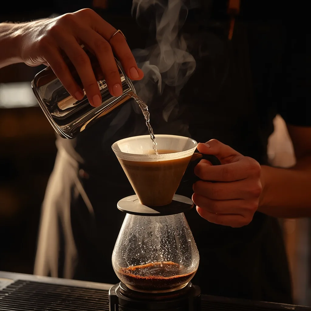 A barista's hands slowly pouring hot water over a cone filter into a glass carafe, steam rising in warm light
