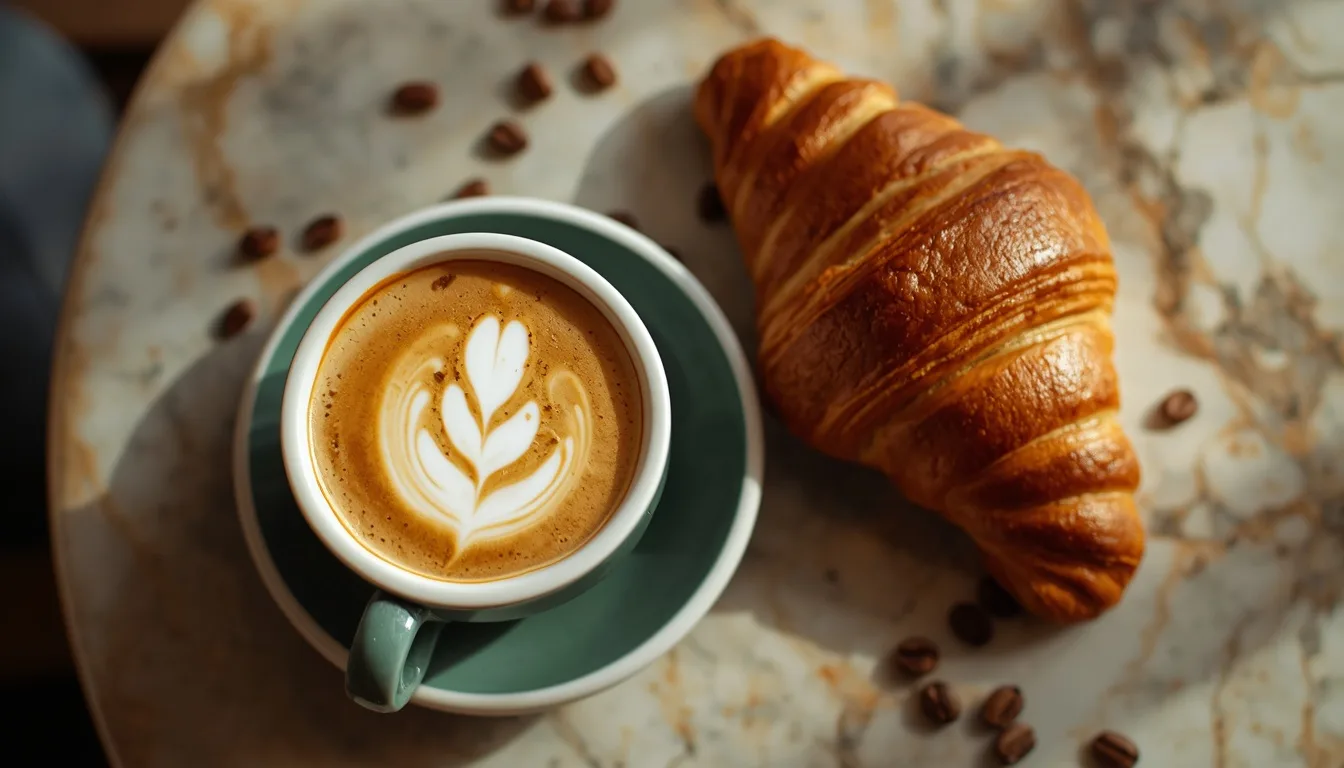 Overhead view of a flat white with leaf latte art beside a golden, flaky croissant on a marble café table, scattered coffee beans, warm morning light