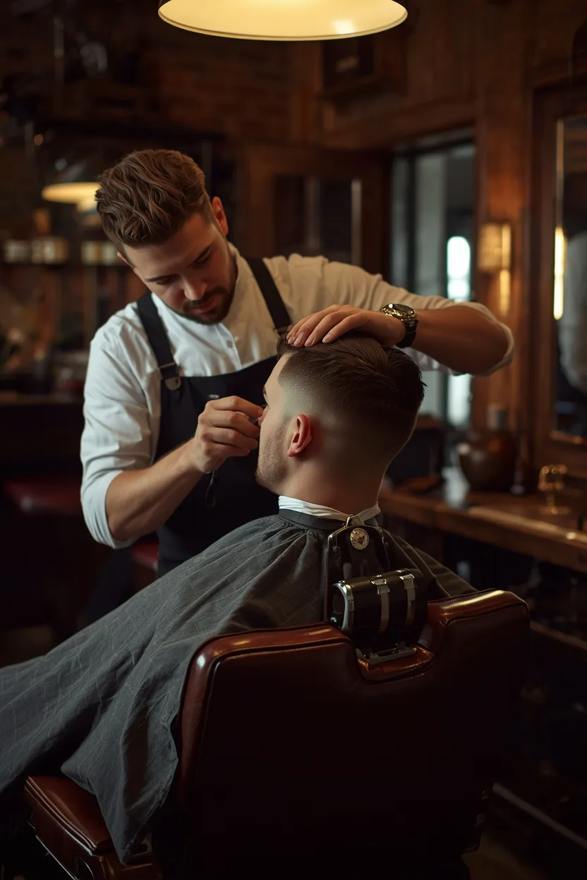 A master barber giving a sharp skin fade to a seated client in a warm, vintage wood-panelled barbershop