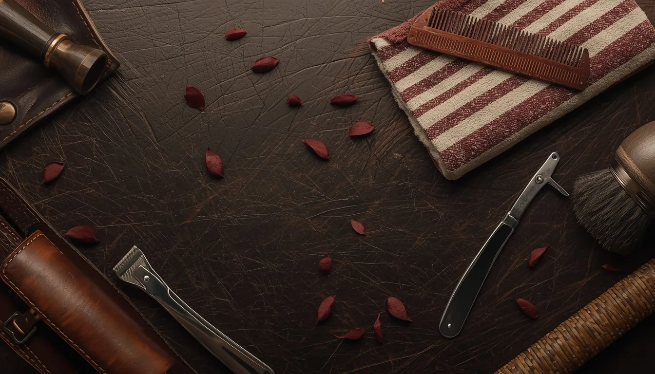 Top-down flat-lay of vintage barber tools on dark leather — a straight razor, comb, brush, clippers and leather strop