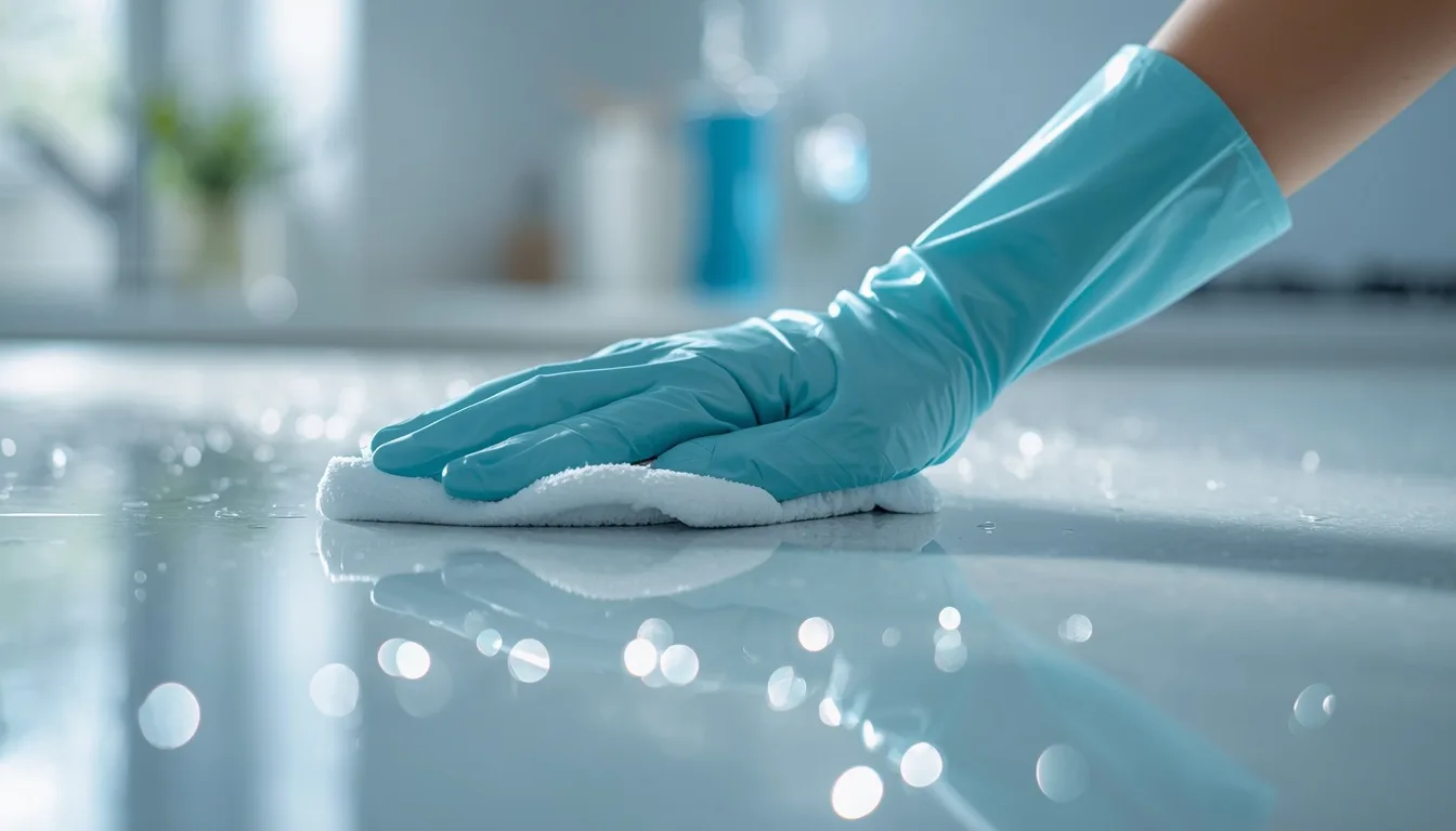 Gloved hand wiping a counter to a streak-free, gleaming shine