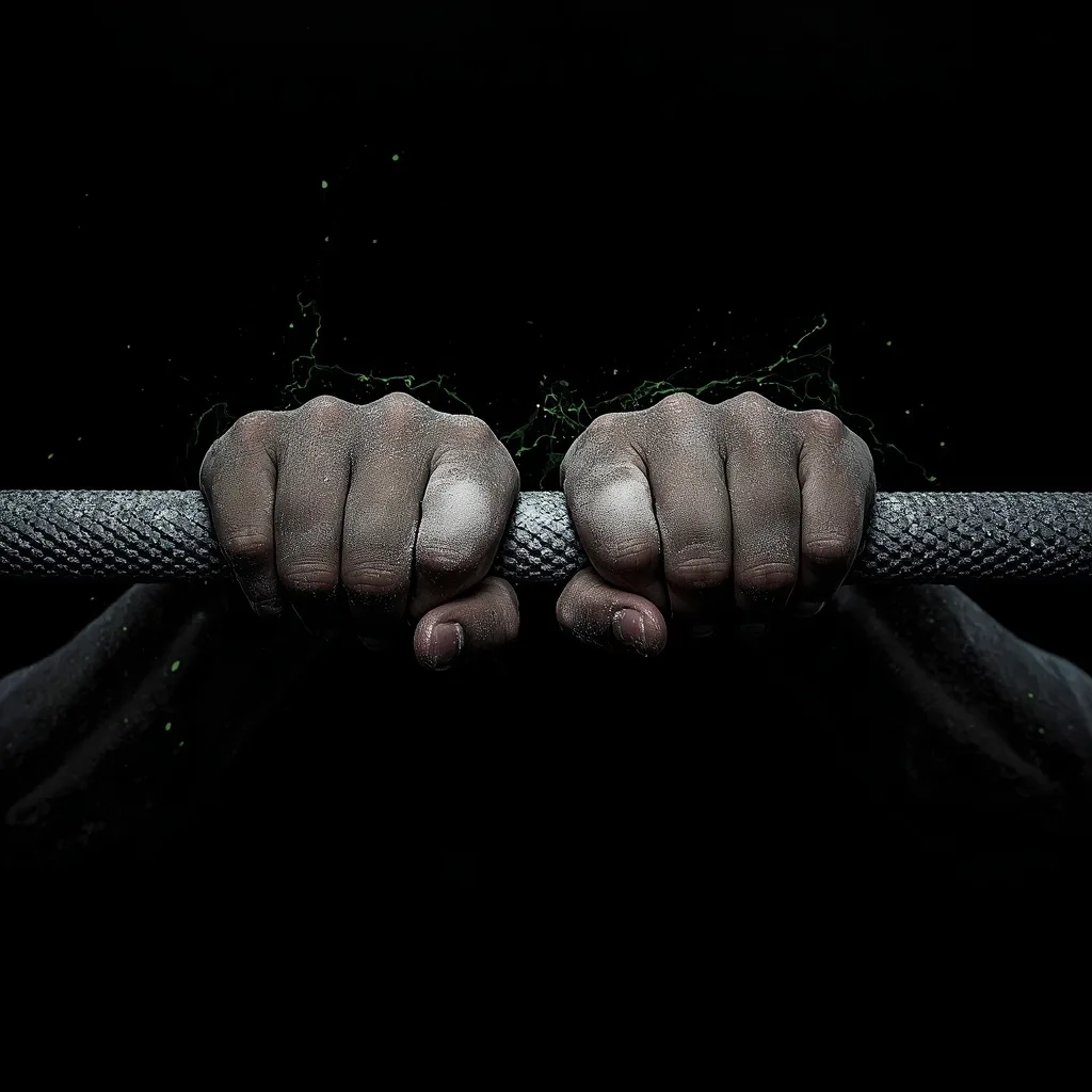 Chalk-dusted hands gripping a knurled barbell under green accent light